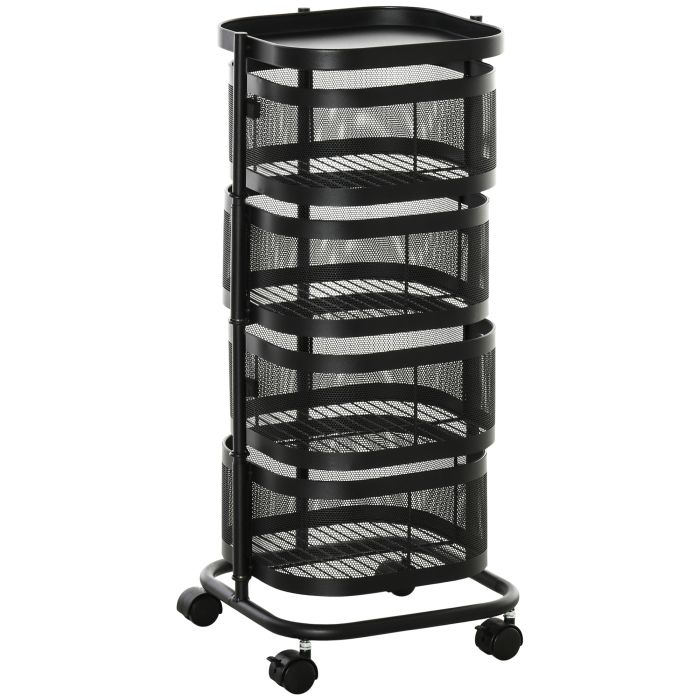 SOLIHULL 4 Tier Metal Storage Trolley with Wheels, Mesh Baskets and Top Tray - Black