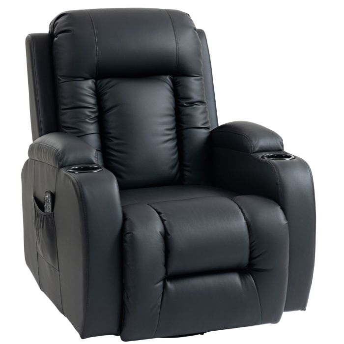 AURENA PU Leather Recliner Armchair with Extended Footrest, Cup Holders and Side Pockets - Black