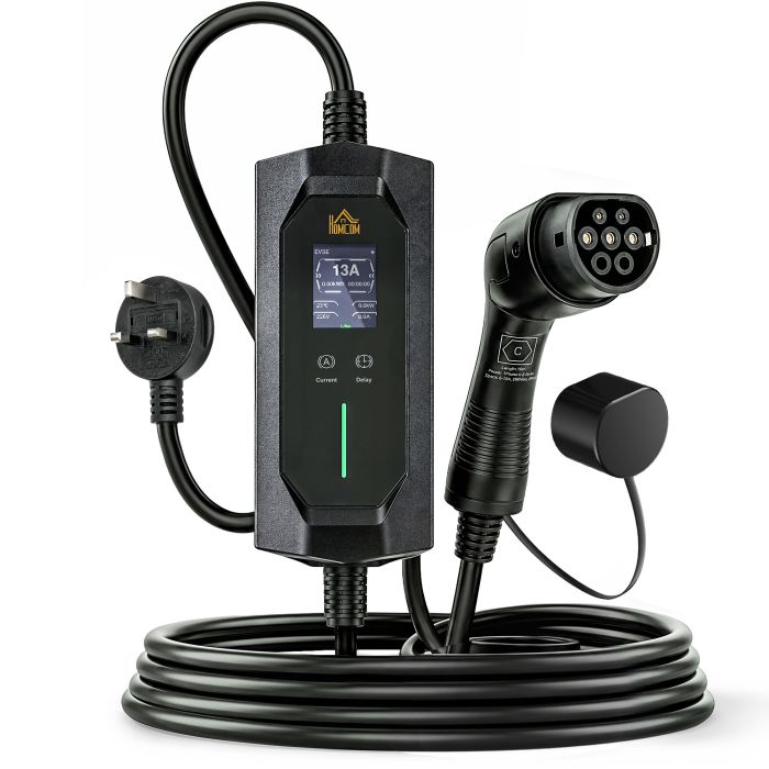 ROMSEY 2.8kW Type 2 EV Charger with 3 Pin Plug, 10 m Cable, 6 to 13A Current and Timer - Black