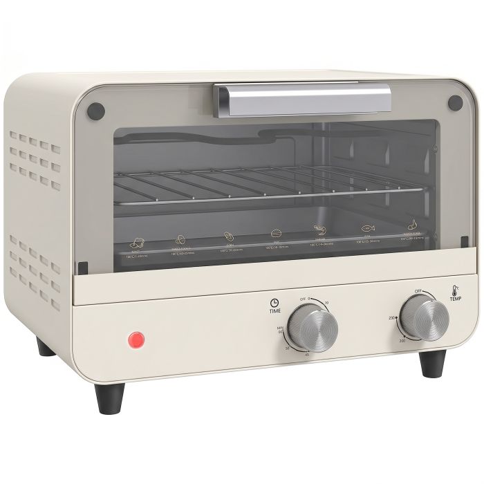 ELVANNE 750W Mini Toaster Oven with Glass Door, Adjustable Temperature and Timer - Cream White and Silver Tone