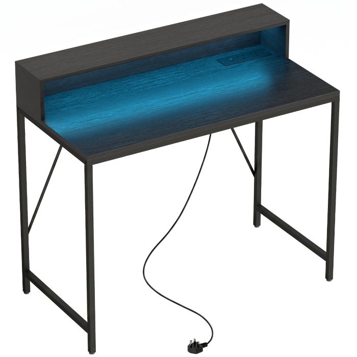 BEMBRIDGE 100 cm Gaming and Computer Desk with LED Lights, Power Outlets and Monitor Stand - Black Wood Effect