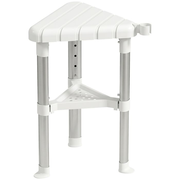 TRING Height Adjustable Aluminium Corner Shower Stool with Storage Shelf - Silver Tone and White