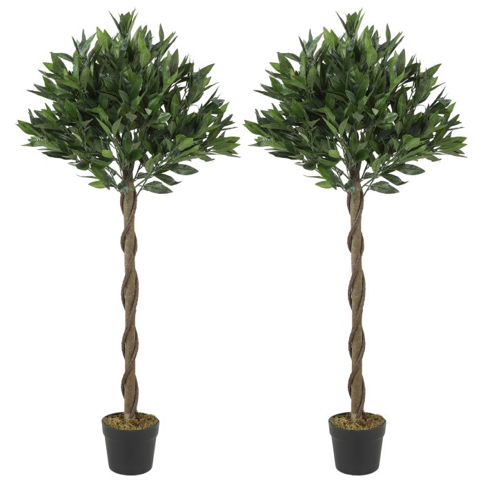 GILLINGHAM Set of 2 Artificial Bay Laurel Topiary Trees with Twisted Trunks and Weighted Pots - Green