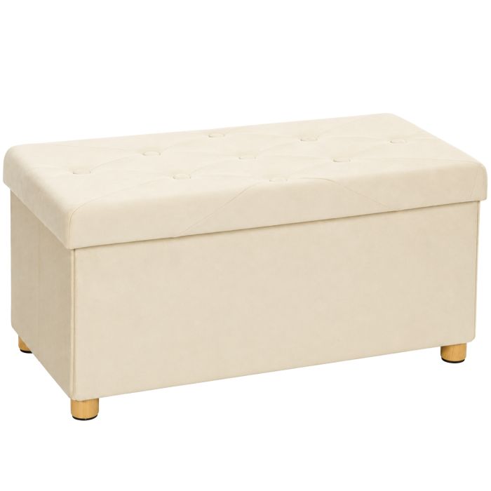 LICHFIELD Foldable Velvet Storage Ottoman Bench and Footrest with Wood Legs - Cream White