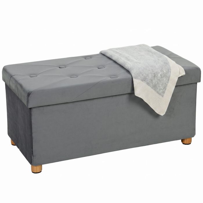 LICHFIELD Foldable Velvet Storage Ottoman Bench and Footrest with Wood Legs - Grey