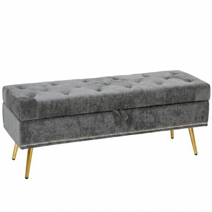 WORCESTER 114 cm Chenille Storage Ottoman with Padded Seat and Metal Legs - Grey