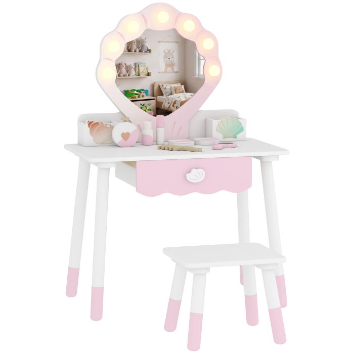 CHANDLER Kids Dressing Table and Chair Set with Lighted Mirror and 7 Piece Accessories - Pink and White