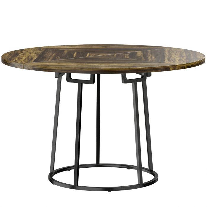 BEESTON 120 cm Round Space Saving Dining Table with Spliced Top and Conical Metal Base - Rustic Brown