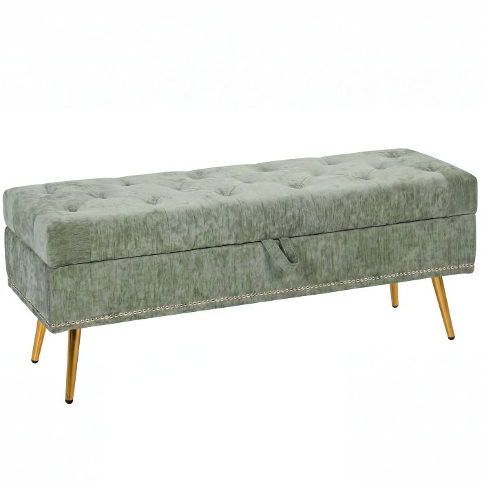 WORCESTER 114 cm Chenille Storage Ottoman with Padded Seat and Metal Legs - Light Green
