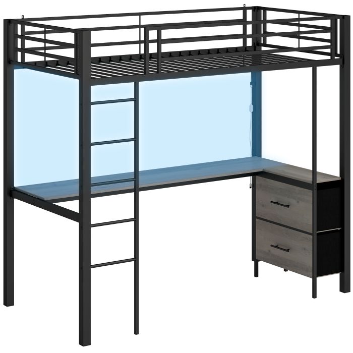 EALING High Sleeper Metal Bunk Bed with Desk, LED Light and Safety Guardrail - Black and Grey