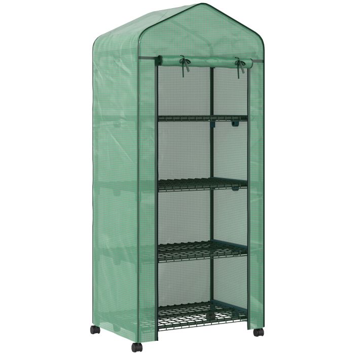 BIRCHAM 4 Tier Portable Mini Greenhouse with Metal Frame, PE Cover and Lockable Wheels - Green