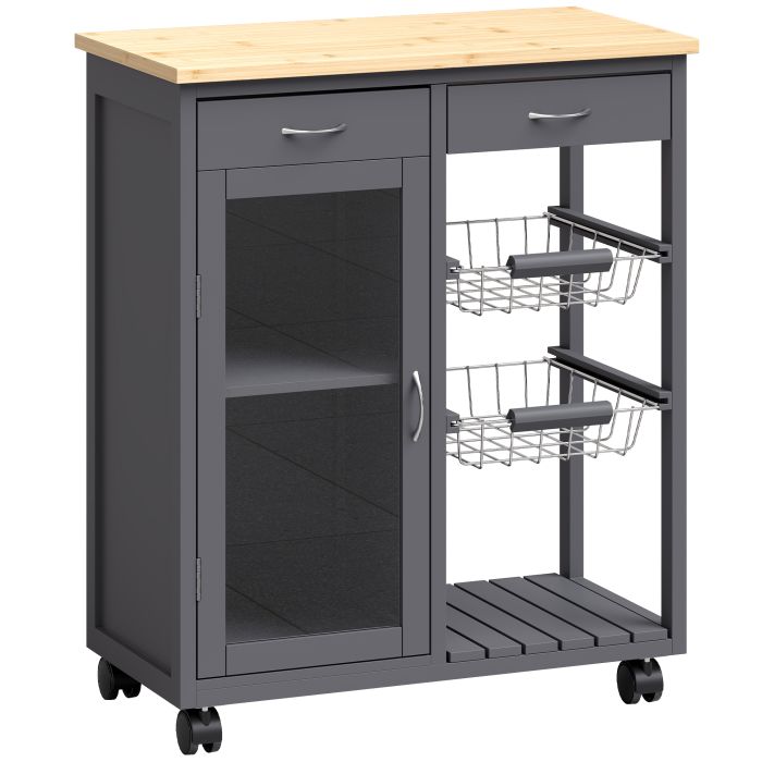 CROWBOROUGH Bamboo Rolling Kitchen Island Trolley with Glass Door, 2 Wire Baskets and Adjustable Shelf - Grey and Natural