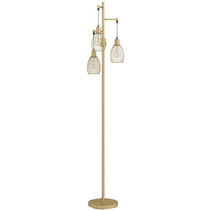 TREVON 170.5 cm Industrial Dimmable Floor Lamp with 3 Steel Wire Cage Shades - Gold Tone