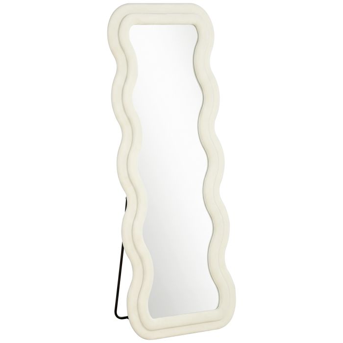 CALNE 160 x 60 cm Wavy Full Length Mirror with Velvet Frame and Tempered Glass - Cream White