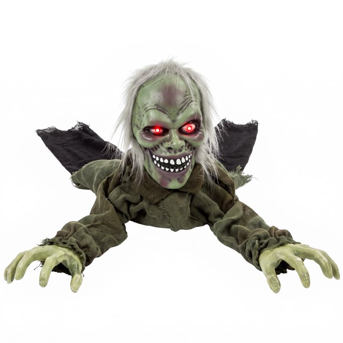 CORBRIDGE Animated Crawling Zombie Halloween Decoration with Light Up Eyes and Sound - Grey Green and Black