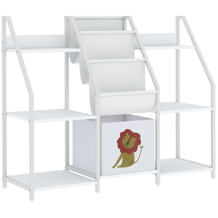 WOODLEIGH Kids Bookshelf with 3 Tier Sling Book Rack and Fabric Storage Drawer - White
