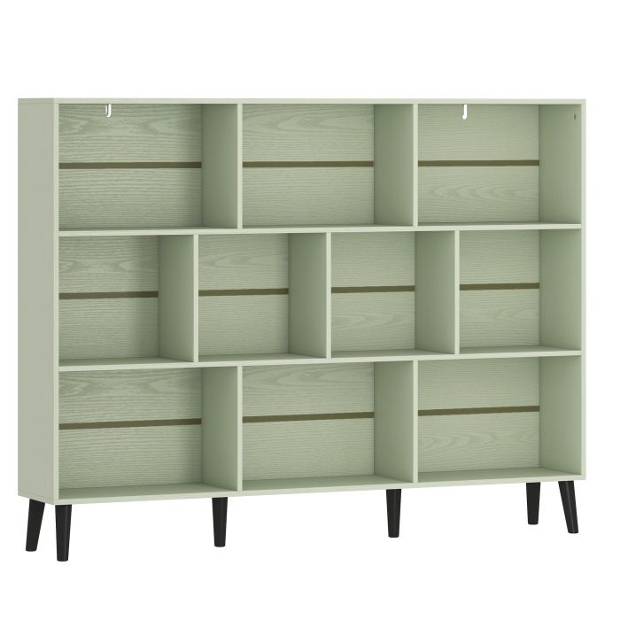 CAMELFORD 140 cm 10 Cube Bookcase with 3 Tiers, Pine Wood Legs and Anti Tip Kit - Light Green and Black