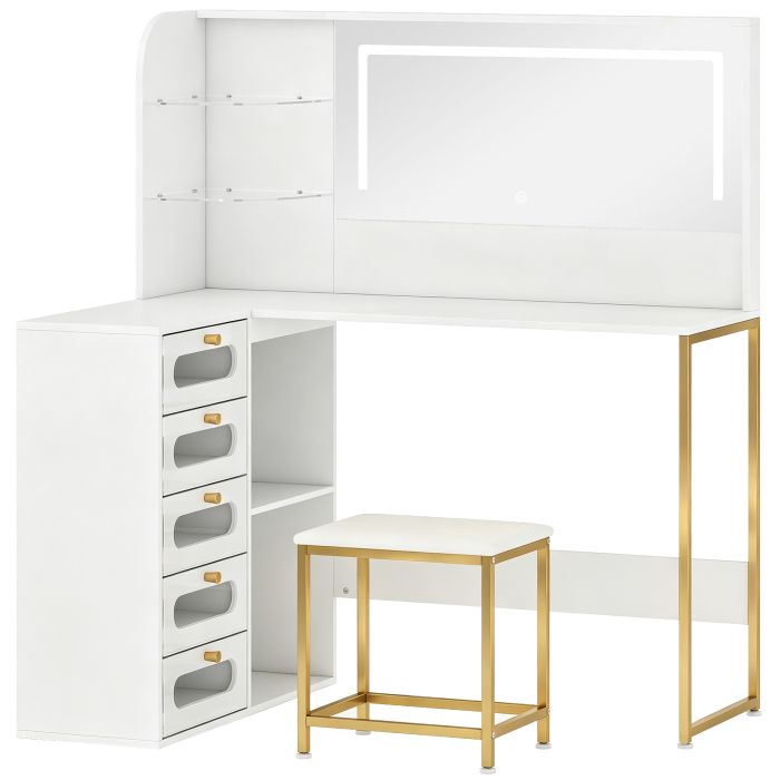 STONECROFT L Shaped Dressing Table with LED Mirror, Stool, Drawers and Shelves - White and Gold Tone