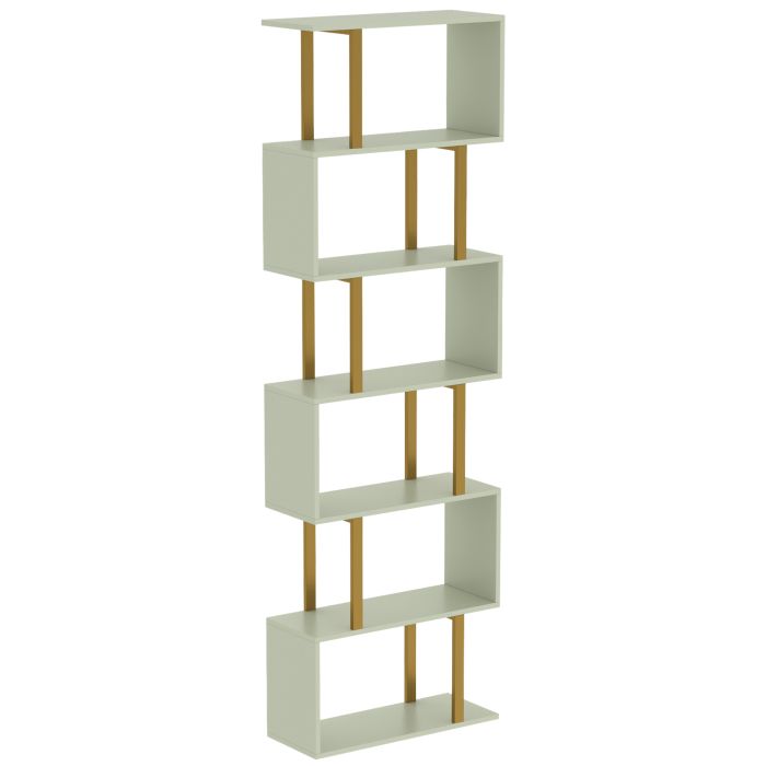 DRONFIELD 6 Tier S Shaped Bookcase with Freestanding Shelves and Anti Tip Strap - Light Green and Gold Tone