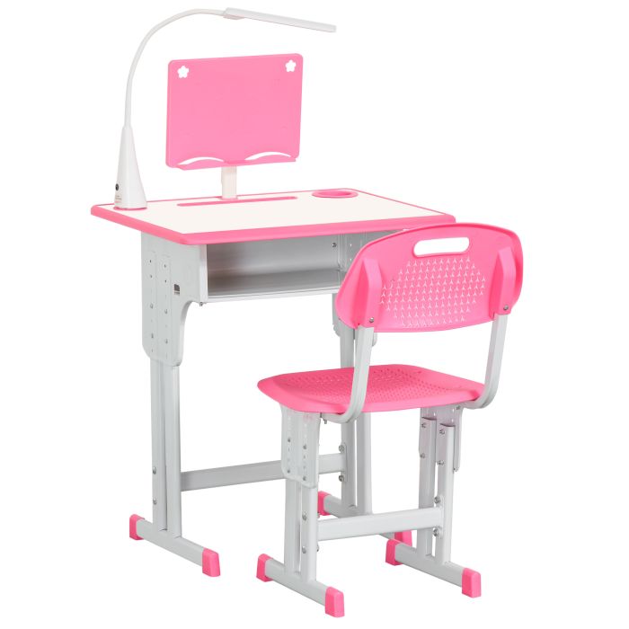 RAMSBURY Height Adjustable Kids Desk and Chair Set with Drawer, Book Stand and Pen Slot - Pink