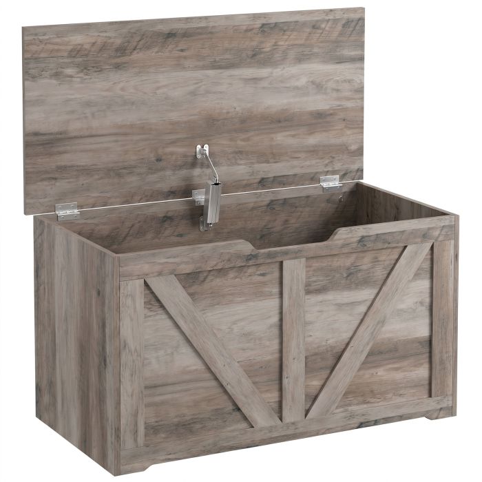 JUVRIA 100L Particleboard Home Storage Box with Safety Hinge and Wood Effect - Grey