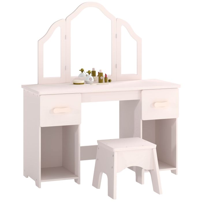 WIRKSWORTH Kids Dressing Table and Chair Set with Folding Mirror, 2 Drawers and 2 Cabinets - Light Pink, White and Natural Wood