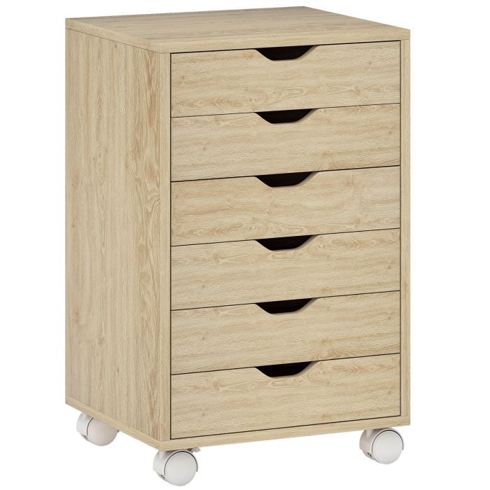 LONGLEAT 6 Drawer Mobile Vertical Filing Cabinet with Quiet Drawers, Wheels and 2 Brakes - Oak Wood Effect