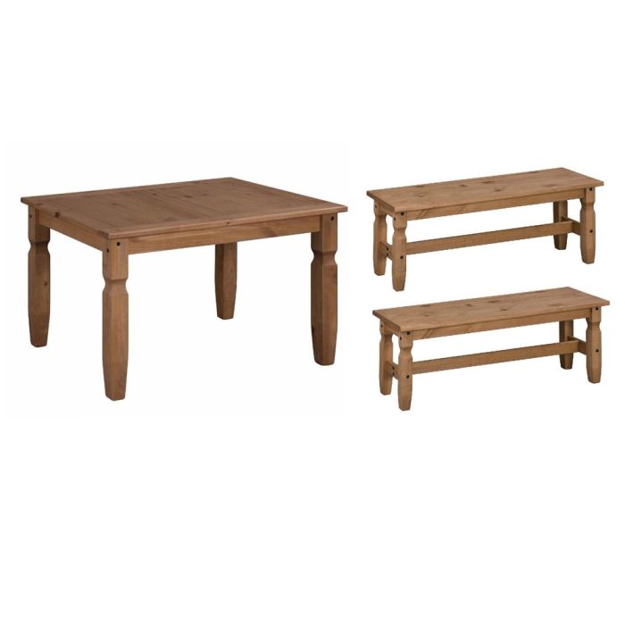 Corona Solid Pine Dining Table 5FT & Bench Set 2 x 4FT - Antique Wax