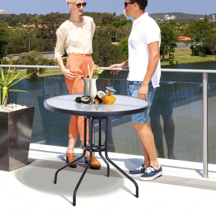 Round Garden Table WIth Tempered Glass and Parasol Hole - 80cm