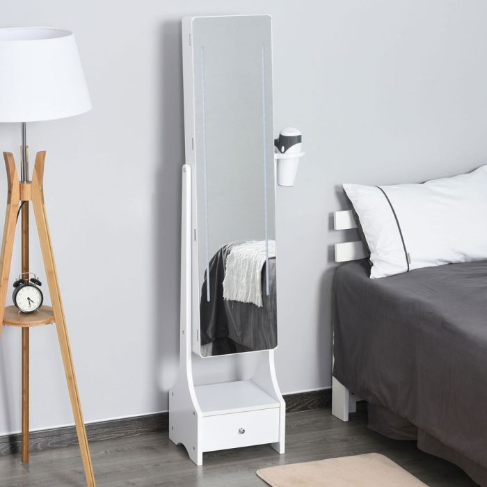 Stylish Look Freestanding Mirror Jewellery Storage with LED Lights and Drawer - White