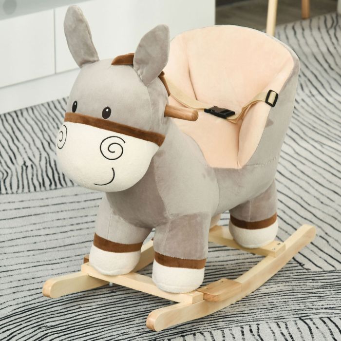 Plush Body Rocking Donkey Kids Ride Chair With Handlebars And Sound - Grey