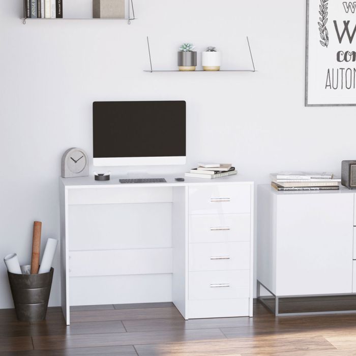 High Gloss 4 Drawer Computer Study Table - White Colour