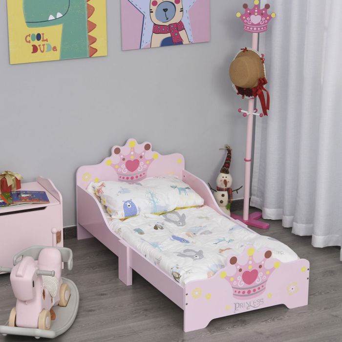 Kids Single Wooden Bed Princess Crown & Flower with Safety Rails - Pink