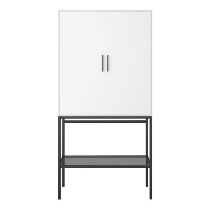 Tracey 2 Door Tall Cabinet in Pure White with Steel Black Legs