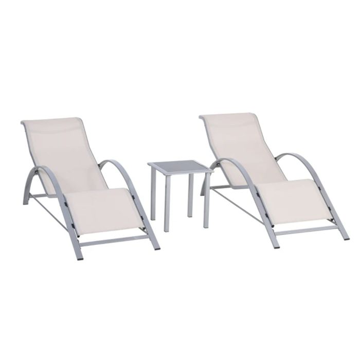 3 Pcs Textilene Fabric Garden Sun Lounge Set with Table - Cream