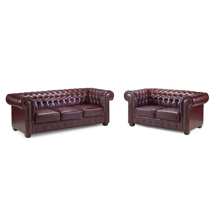Chantel Chesterfield Bonded Leather 3 and 2 Sofa Set - Oxblood Red