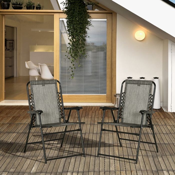 Steel Frame Portable 2 Pcs Folding Sun Loungers with Armrest - Grey