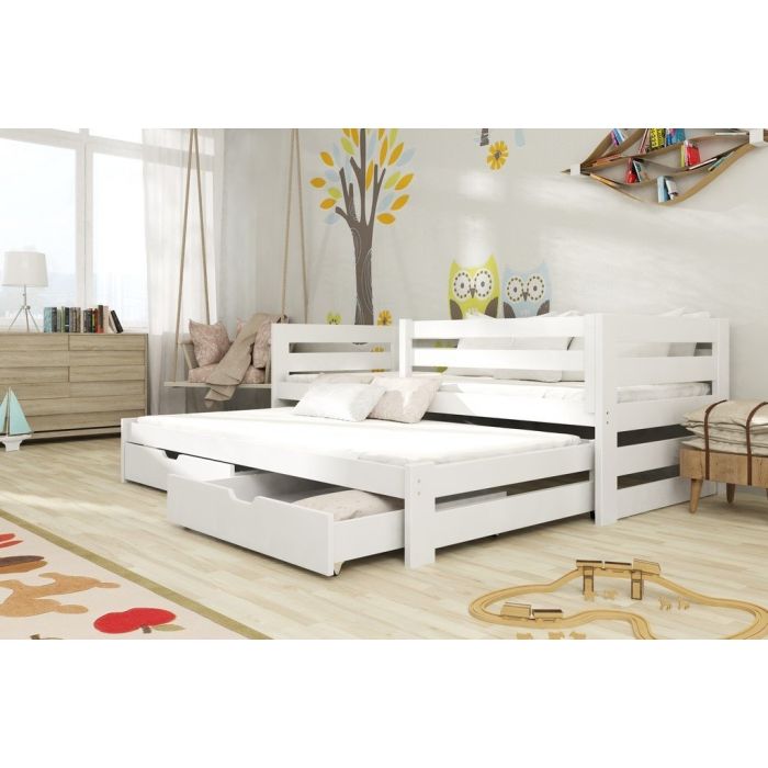 KREMAR 2 Drawers Storage Wooden Double Bed with Trundle and Foam Mattress - White