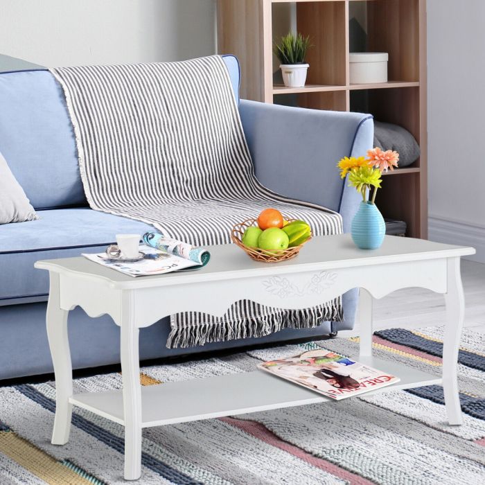 White Wooden Coffee Table With Open Shelf Storage