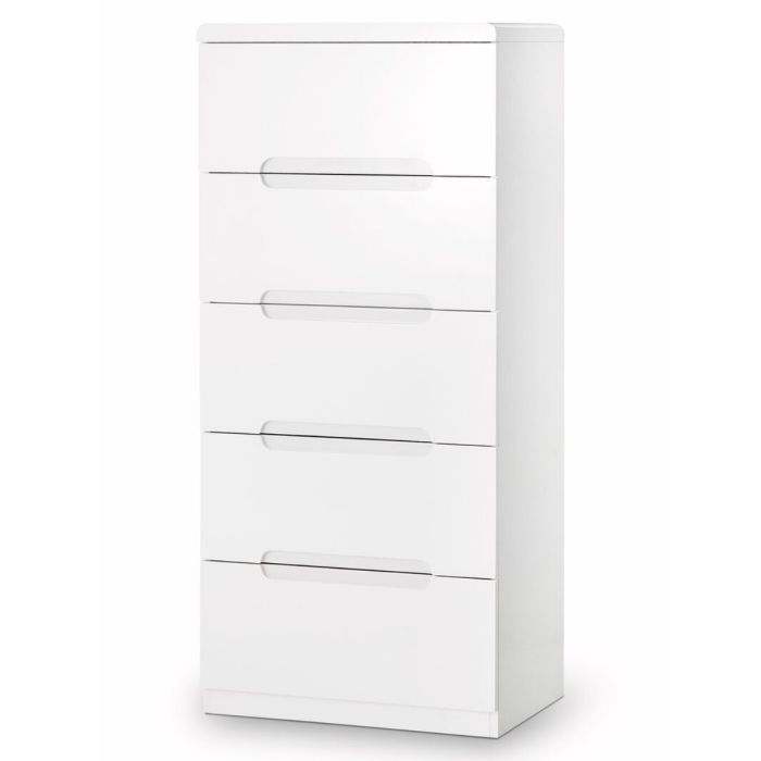 Manhattan White 5 Drawer Narrow Storage Chest - High Gloss