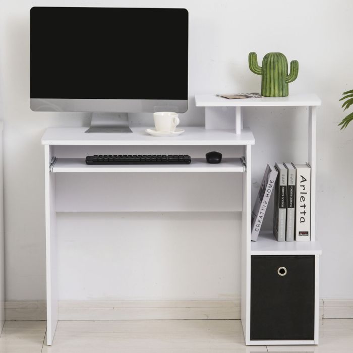 Unique Design Computer Desk with Sliding Keyboard Tray, Drawer and Shelf - White