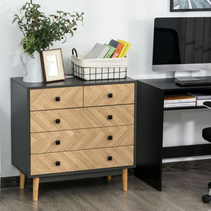 Solid Pine Wood Legs 5 Drawers Chest of Drawer with Metal Handles - Dark Grey and Natural Wood