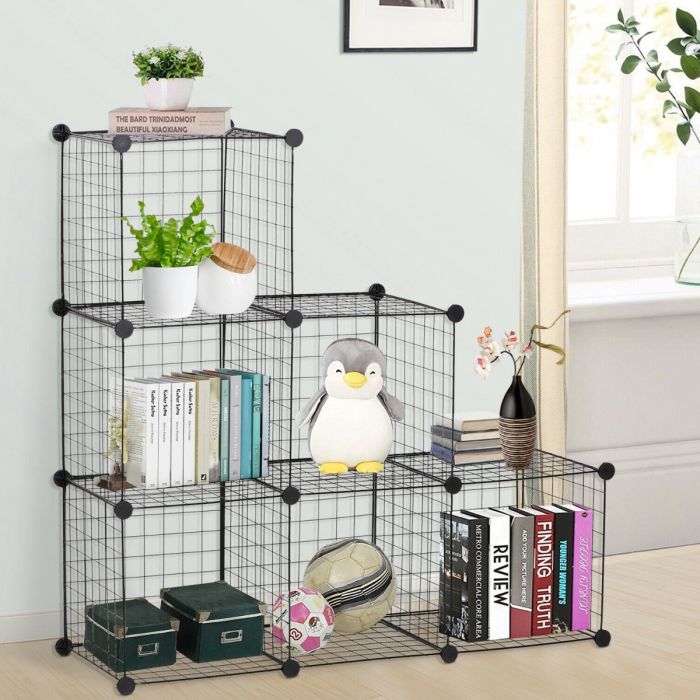 Metal Wire Panel Rack Interlocking 6 Cube Storage Display - Black