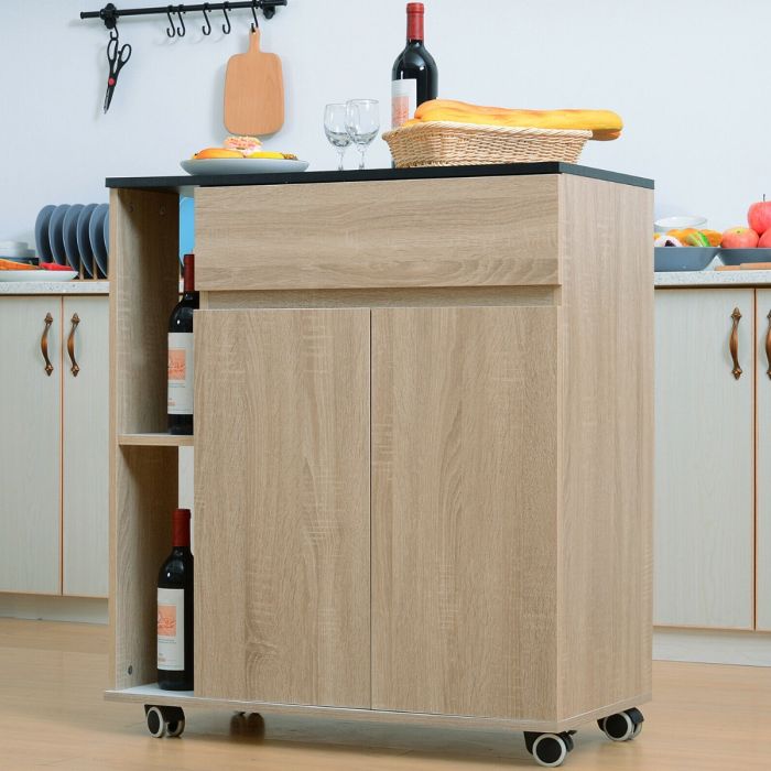 Compact Design Kitchen Storage Trolley With Wine Racks and Drawer - Oak