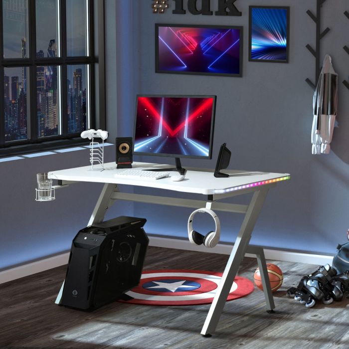 Ergonomic Gaming Desk With LED, Cup Holder, Cable Management -  White