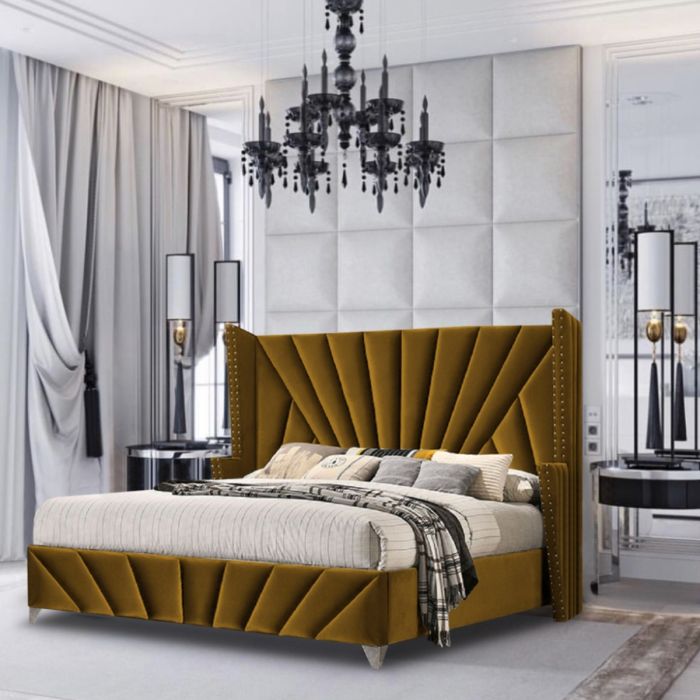 Premiere Upholstered Plush Velvet Fabric Beds Mustard - 5 Sizes