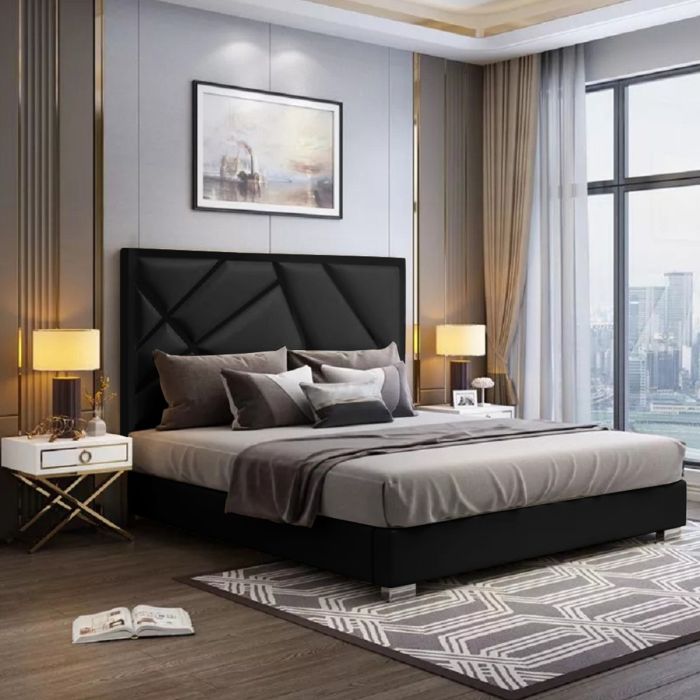 Crina Plush Velvet Fabric Bed, Black Colour - 5 Sizes