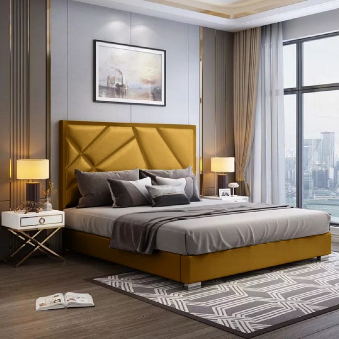 Crina Plush Velvet Fabric Bed, Mustard Colour - 5 Sizes