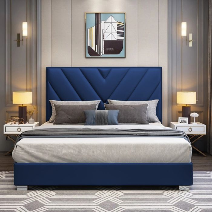 Deana Plush Velvet Fabric Bed, Blue Colour - 5 Sizes