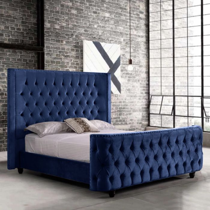 Harmony Plush Velvet Fabric Bed, Blue Colour - 5 Sizes